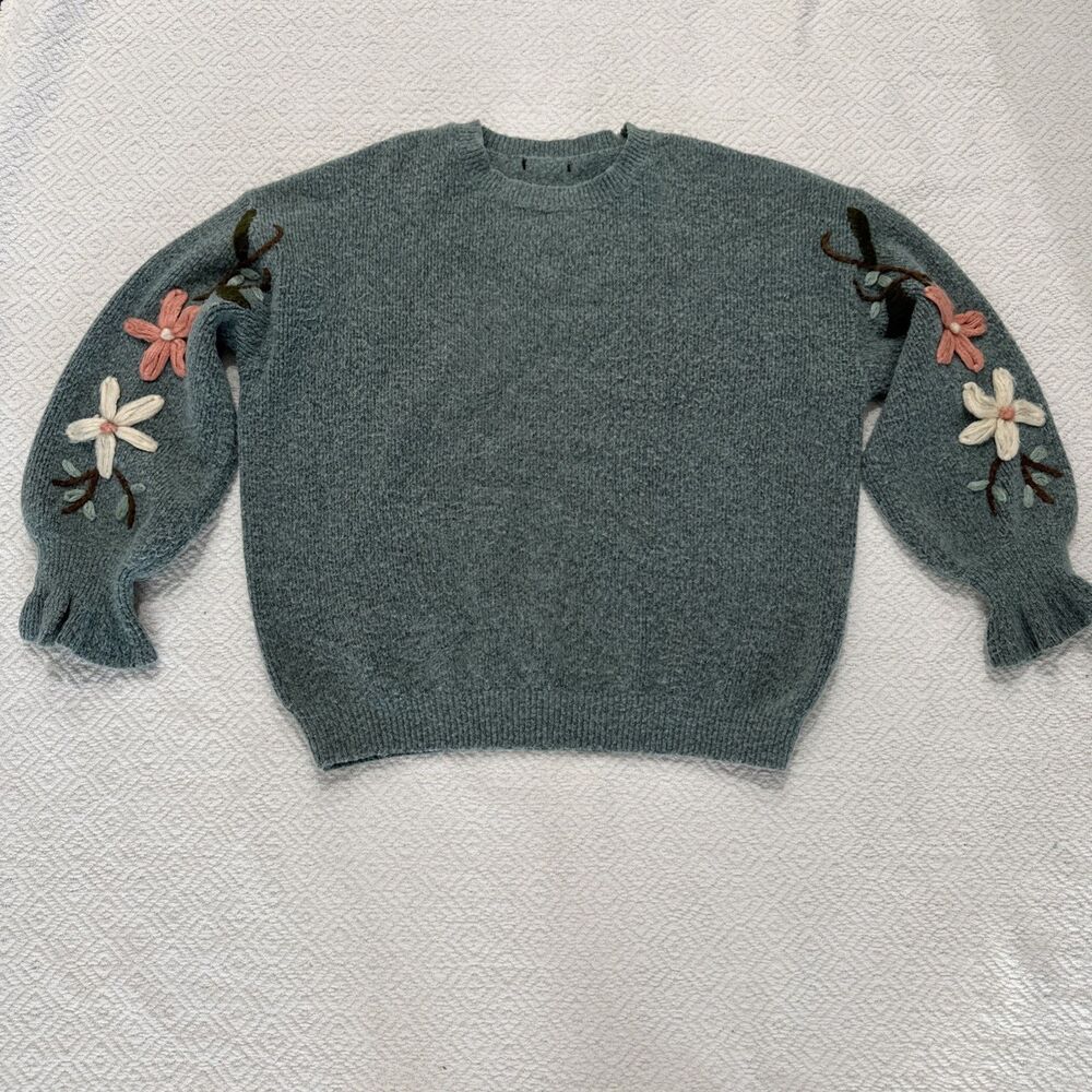See and Be Seen Floral Days Embroidered Sweater in Seafoam Crew Neck Oversize 1X